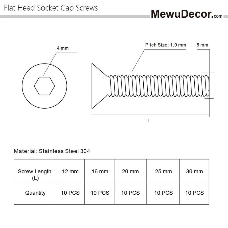 MewuDecor M6-1.0 x 12/16/20/25/30mm Flat Head Socket Cap Screws, Allen Socket Drive, DIN 7991, Stainless Steel 18-8 (304), Bright Finish, 50 PCS - Image 2